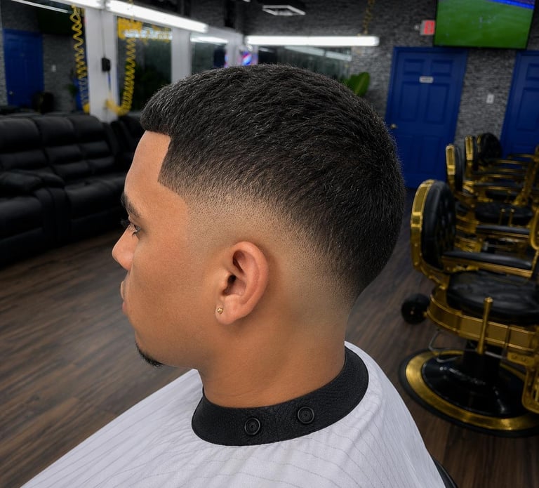 Side profile of man with short dark hair and fade haircut in a barbershop setting with blue doors and gym equipment visible
